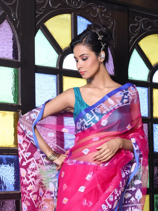 Fuchsia Muslin Saree With Jamdani Designs-MA64MS401190024