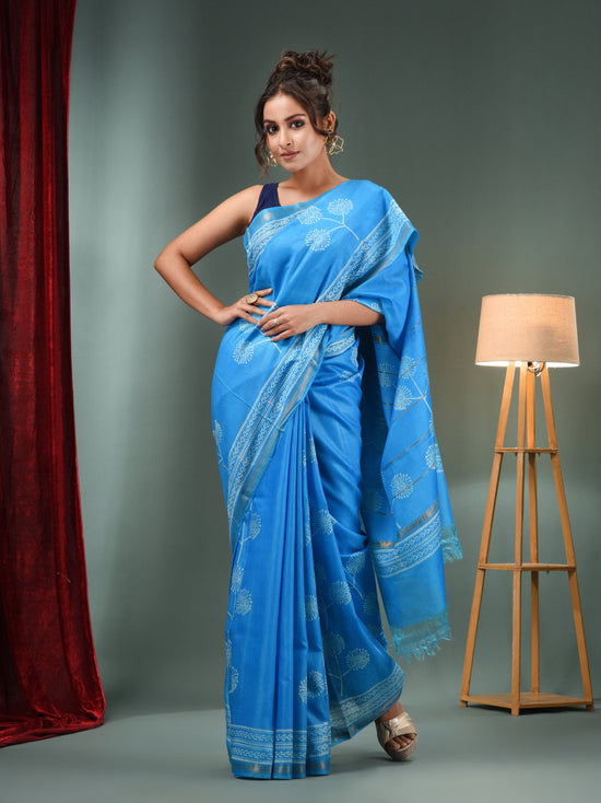 Sky Blue Blended Silk Handwoven Saree With Flower Designs-MA50BSL34710013