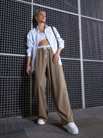 Women Beige Contrast Paperback Waist Pants