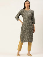 Women's Grey Embellished Straight Kurtas-HO-1448-Grey