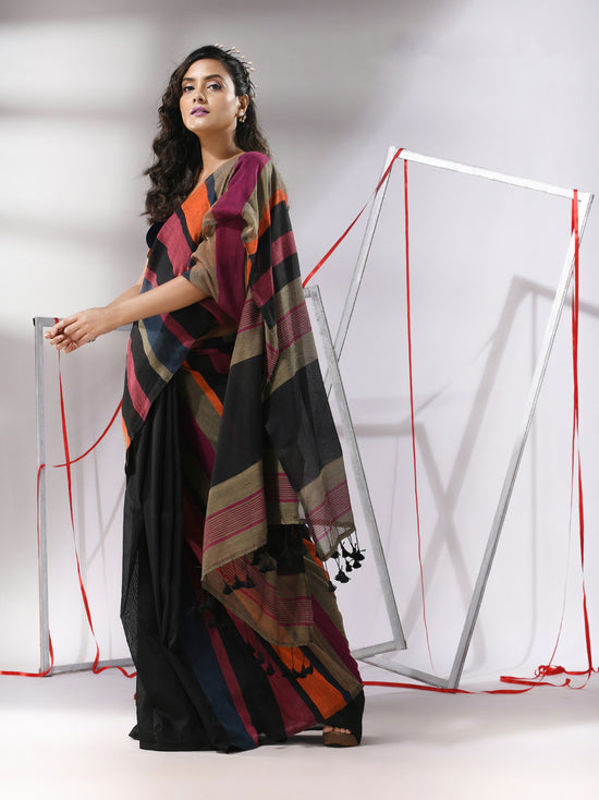 Black Cotton Saree With Multicolor Stripes-MA55CT06560022