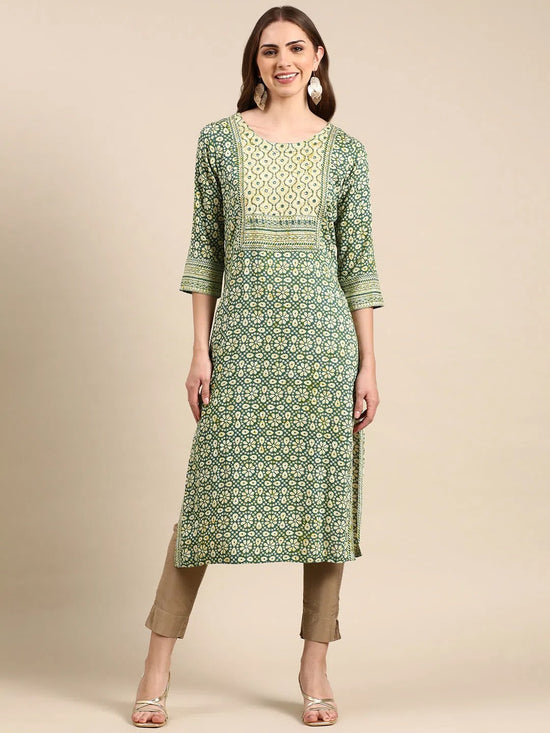 Women's Green Printed Straight Kurta-AT-A789-Green