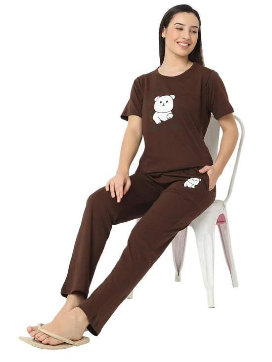 Smarty Pants Women's Cotton Lycra Brown Color Teddy Print Night Suit