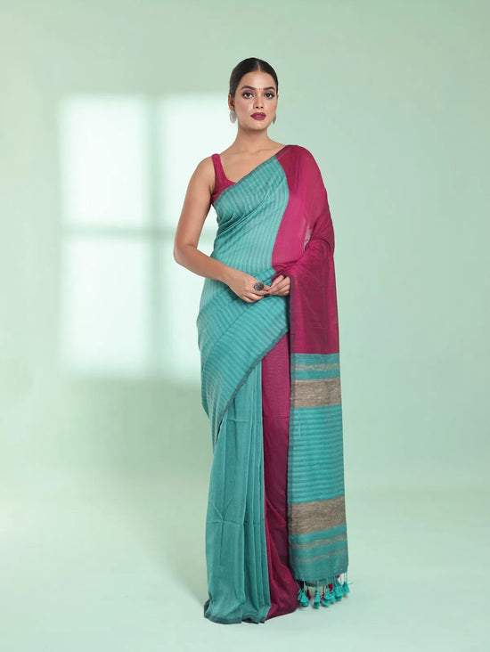 Sky Blue Patli Pallu Cotton Saree With Texture Design-MA59CT06570027