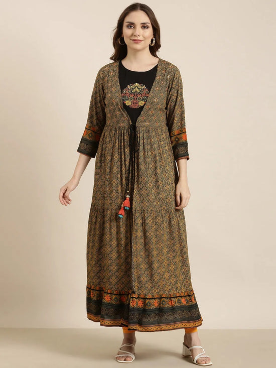 Women Anarkali Black Solid Kurta Comes With Overcoat-GW-4164-Black