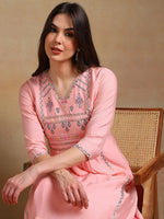 Ahika Women Pink Rayon Embroidered A-Line Kurta Pant Set