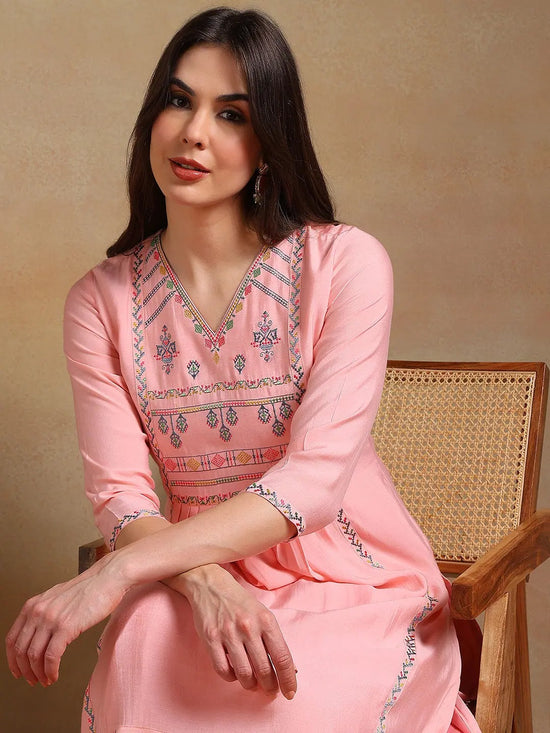 Ahika Women Pink Rayon Embroidered A-Line Kurta Pant Set