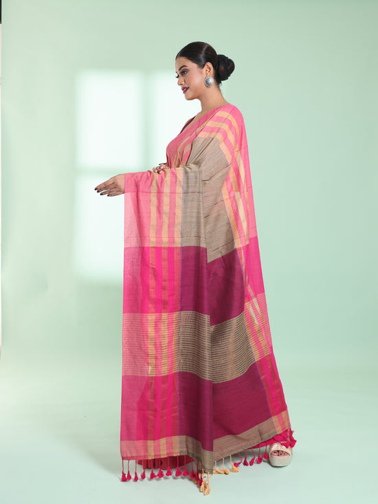 Ecru Cotton Saree With Zari Border-MA59CT06530049