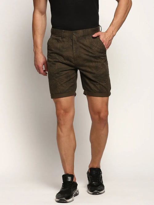 Men Green Floral Shorts-ORBIT-19-Olive