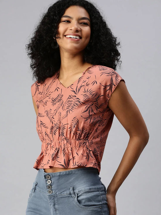 Women's Brown Tropical Top-AE-10212-Brownnavyblue