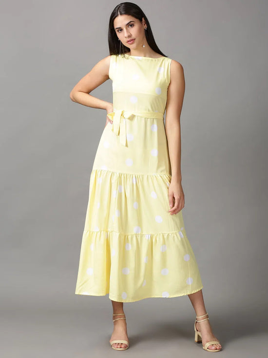 Women's Yellow Polka Dots Fit and Flare Dress-AE-15680-Yellow