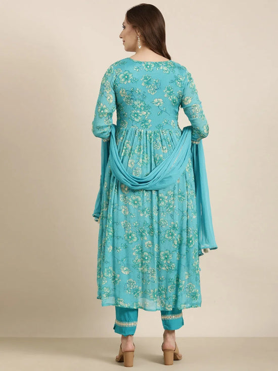 Women Anarkali Blue Floral Kurta and Trousers Set Comes With Dupatta-AT-A1376-KPD-Blue