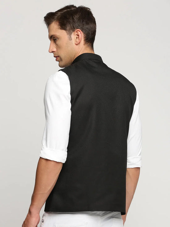 Men Black Mandarin Collar Solid Nehru Jacket-AD-J-450-Black