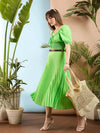 Women Green Puff Sleeves Smocked Crop Top