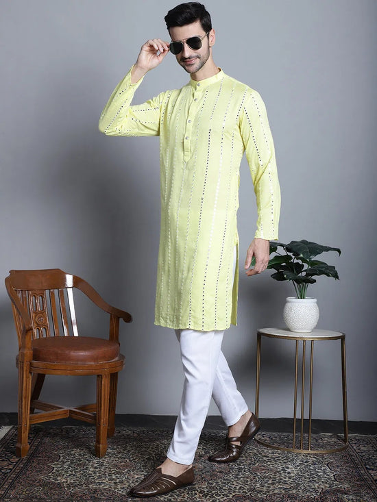 Men's Embroidered Mirror Work Kurta Payjama Sets-JOKP-P-694Lemon