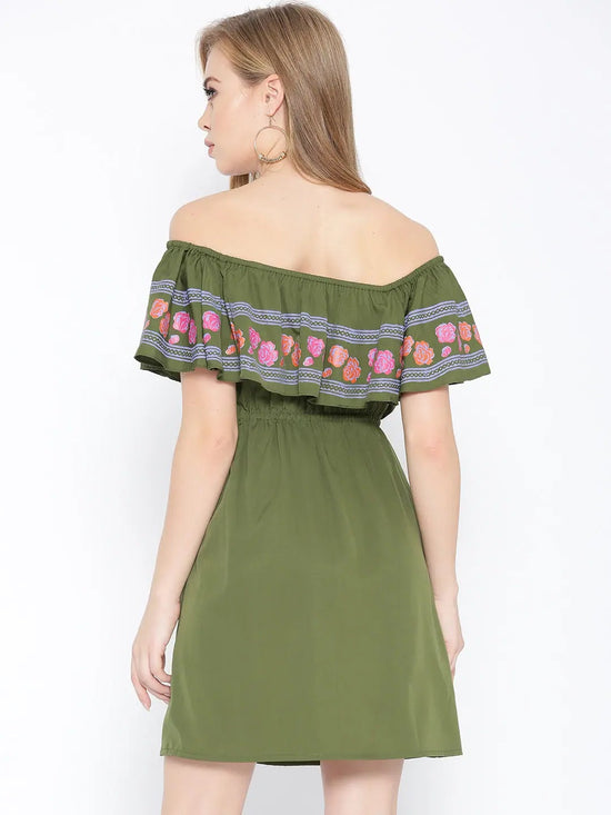 Off shoulder mini dress with print on the frill in Green