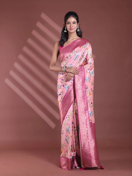 Pink Floral Print Silk Soft Saree With Zari Border-MA60BSL011265021