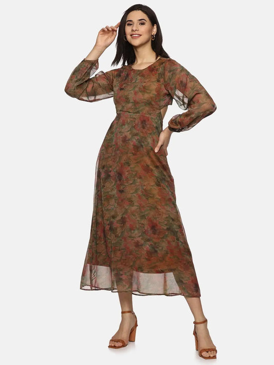 Floral Brown Cut Out Midaxi Dress-17333