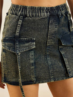 Women Green Washed Denim Front Pocket Mini Skirt