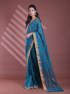 Teal Pure Cotton Zari Stripe Soft Saree With Zari Border-MA59CT06520068