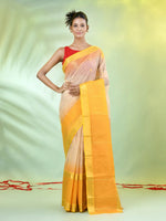 Beige Cotton Handwoven Saree With Zari Borders-MA66CT431820065