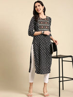 Women's Black Printed Straight Kurta-AT-A752-Black