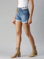 Women's Blue Solid Denim Shorts-S-5546-Blue