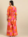 Overlap crop top with flare pyjama set in Pink and Orange Print