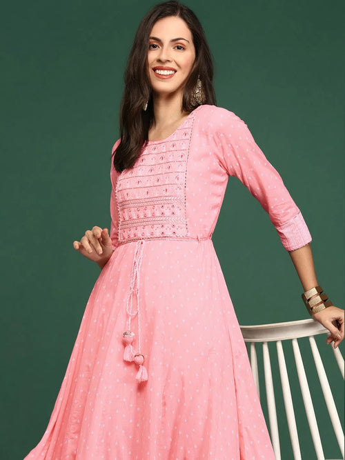 Women's Pink Printed Anarkali Kurta-AT-A-588-Pink