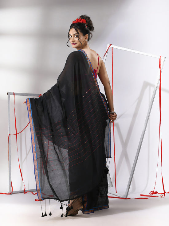 Black Cotton Saree With Sequined Pallu-MA55CT06520114