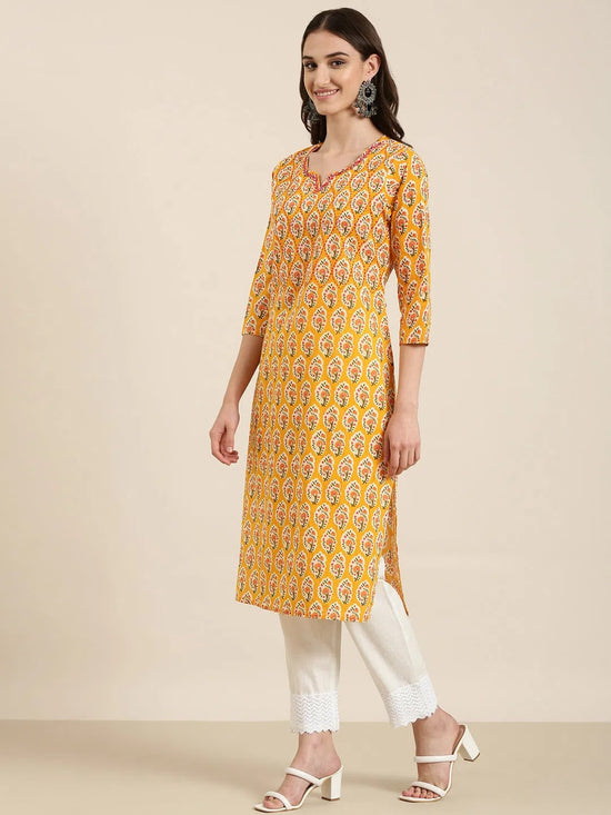 Women Mustard Floral Kurta Set-RJF-031-Mustard