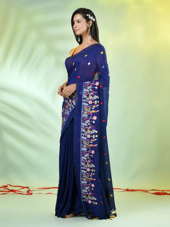 All Over Thread Floral Embroidery Blue Cotton Saree-MA62CT33610077