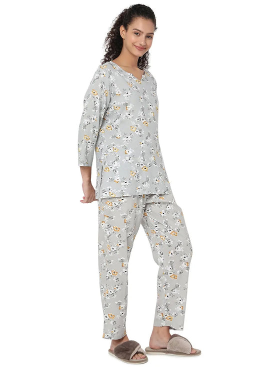 Smarty Pants Women's Cotton Grey Floral Print Night Suit