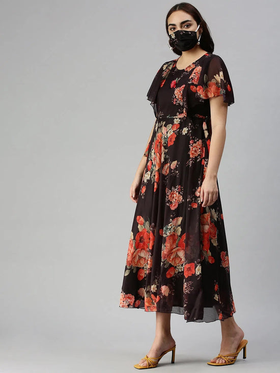 Women's Black Printed Fit and Flare Dress-DW-9621-Blackorange