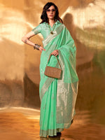 Saree Mall Women's Linen Sea Green Woven Design Designer Saree With Blouse Piece-KELLY371006