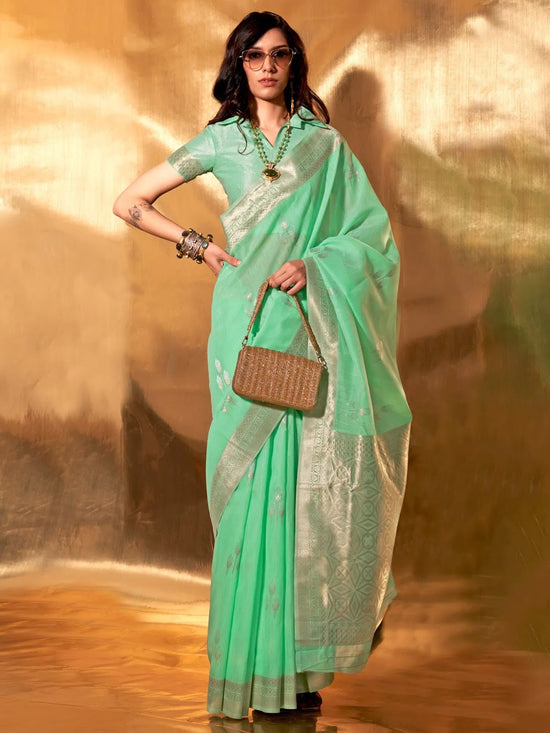 Saree Mall Women's Linen Sea Green Woven Design Designer Saree With Blouse Piece-KELLY371006