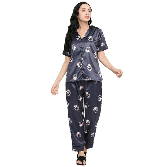 Smarty Pants Women's Silk Satin Grey Color Quirky Printed Night Suit