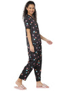 Smarty Pants Women's Silk Satin Black Color Owl Print Night Suit