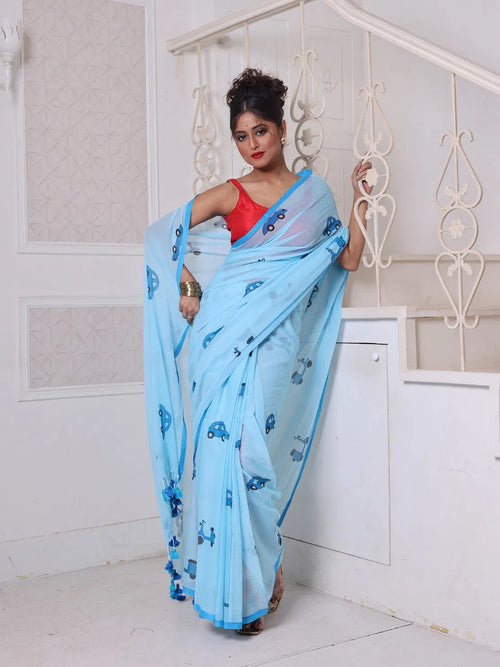 Sky Blue Bengali Style Mulmul Cotton Soft Saree-MA62MCT33750039