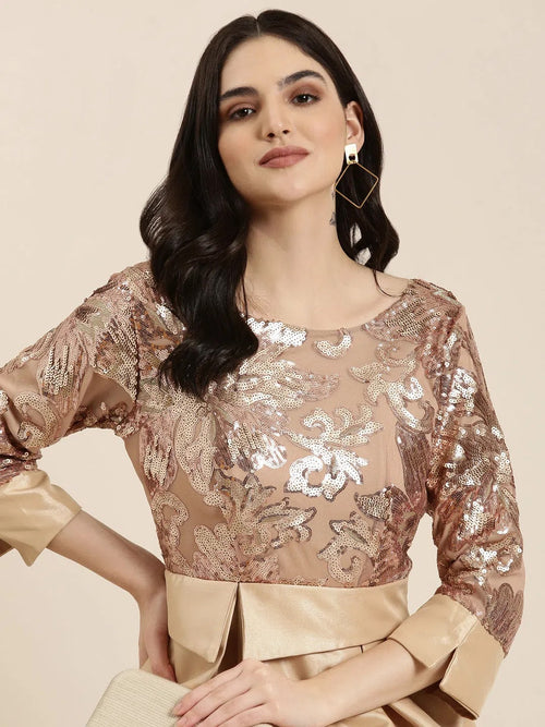 Women Gold Embellished Fit and Flare Dress-NI-CN-8980-Gold