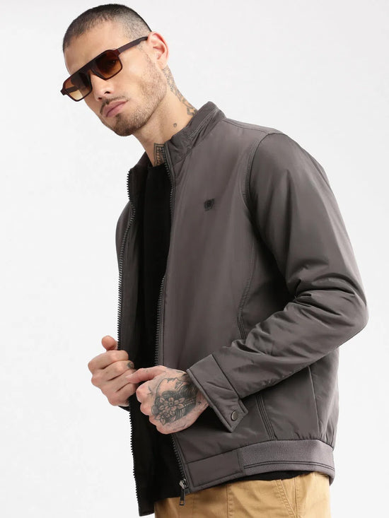 Men Mock Collar Grey Solid Bomber Jacket-ZD-3202-Grey