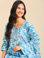 Women's Blue Printed Kurta Set-AT-A666-Blue