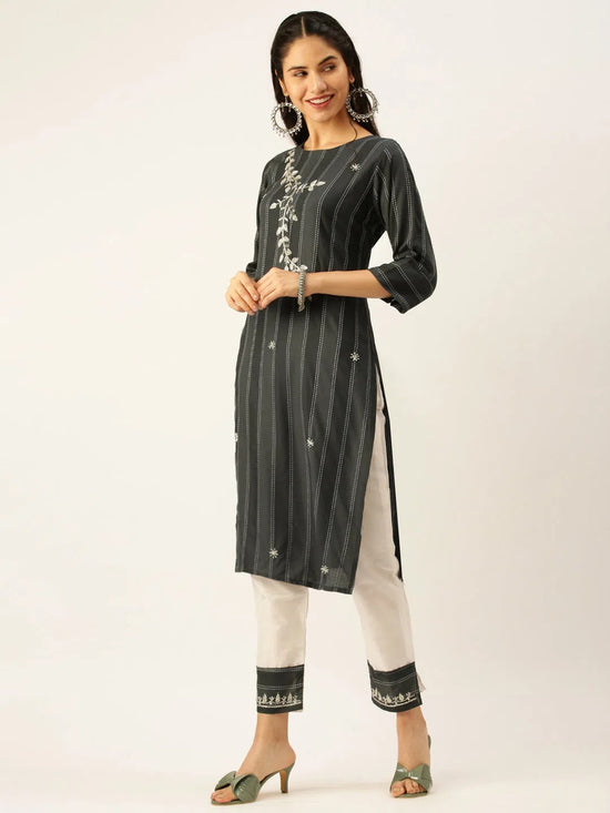 Women's Grey Striped Kurta Sets-SB-33395-Grey