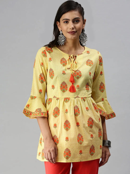 Women's Yellow Printed A-Line Kurti-DW-8745-Yellow