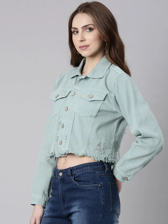 Women Sea Green Solid Denim Jacket-GZ-5599-Seagreen