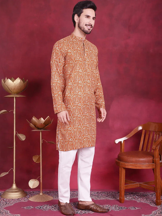 Men's Digital Printed Kurta with Pyjama.-JOKP-5014Mustard