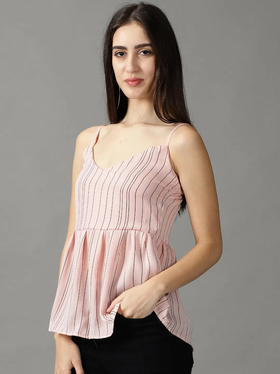 Women's Pink Striped Peplum Top-AE-10463-Pink