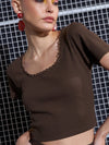 Women Brown Rib Round Neck Crop Top