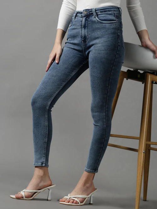 Women's Blue Solid Skinny Fit Denim Jeans-GZ-5287-1-Blue