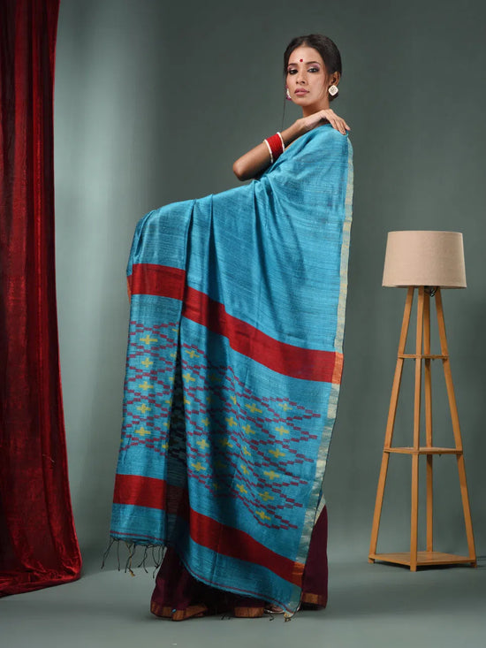 Ocean Blue Matka Handwoven Saree With Texture Designs-MA50MT062200067